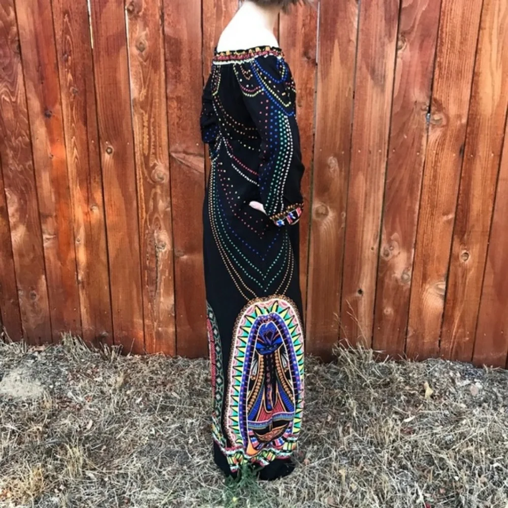 BoHo Off shoulder Maxi long dress small printed hippie bohemian black tomato - Picture 3 of 8